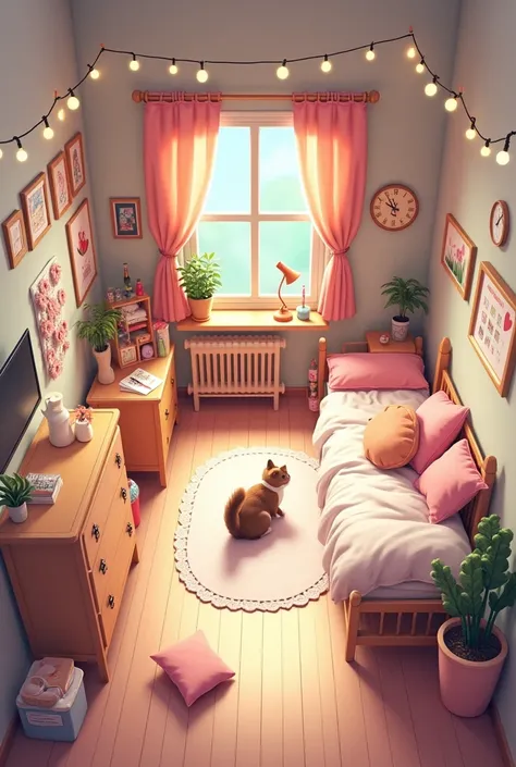 Interior design of a 3 by 4 meter bedroom with a bed, Wardrobe, chest of drawers and work place, and a place for a cat. For a girl A room with one window

