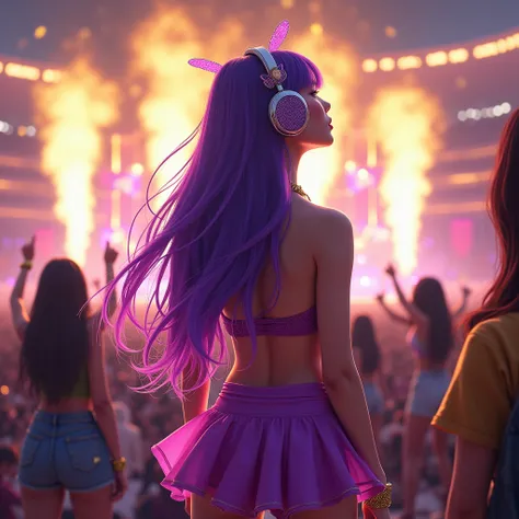 Mulher borboleta de cabelo roxo coreana com fone de ouvido e sai rosa e cropped roxo 💜 e rosa 
prompt: box in a packed arena at a pop concert, yellow and golden lights, fans with banners and gold accessories in the stands. and Maria Chiquinha long hair 