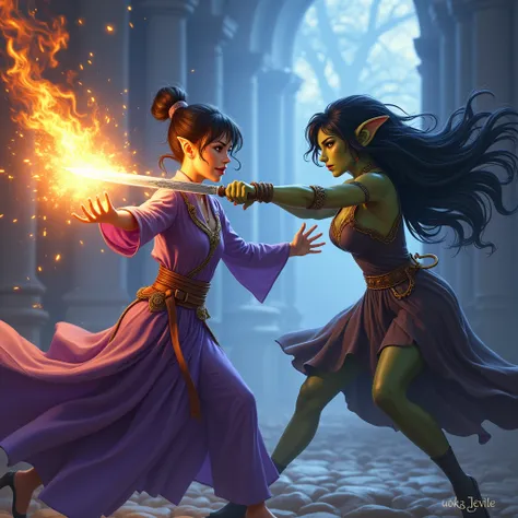 Mage girl shooting a fireball at a goblin, the mage is clad in robes, the robes are purple, the girl has her hair in a bun. The goblen is a woman and she is green she looks very pretty and has flowing black hair, she holds a knife and is trying to stab the...