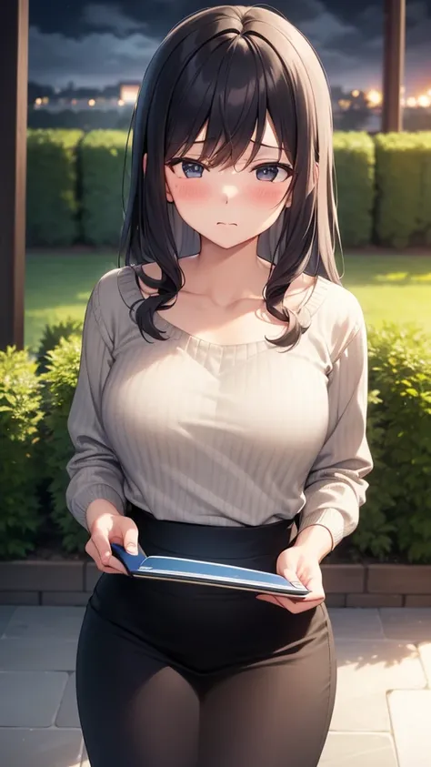 masterpiece, best quality, high detail, beautiful woman, shy, blush, nervous, ((tired)), solo focus, long wavy hair, dark blue hair, (gray oversized sweater loose top), (black midi pencil skirt), wide hips, collarbone, lower body, garden, ((cloudy evening)...