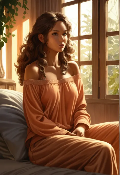 (photorealism:1.2), beautiful woman, sitting on bed, wearing loose off-shoulder top, pajama pants, long curly hair, indoors, soft lighting, plants in background, window with sunlight, cozy room, relaxed pose, realistic, intricate details, warm colors, by G...