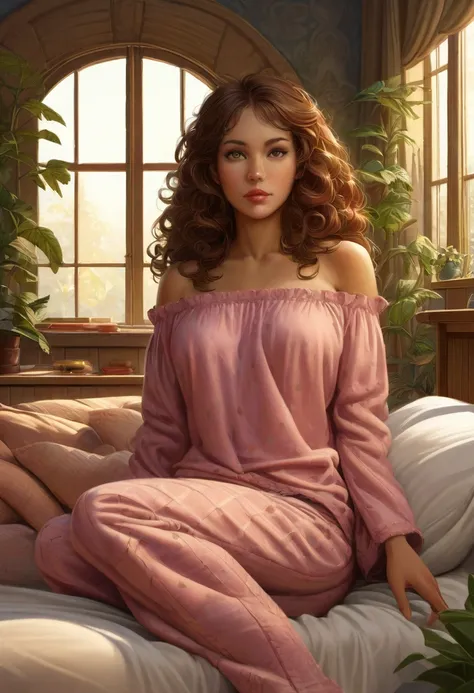 (photorealism:1.2), beautiful woman, sitting on bed, wearing loose off-shoulder top, pajama pants, long curly hair, indoors, soft lighting, plants in background, window with sunlight, cozy room, relaxed pose, realistic, intricate details, warm colors, by G...