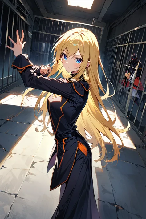 A young woman stands in front of a prison, bright blonde long hair,  standing in the prison office, dark blue eyes, wearing black knight costume, ((dynamic angle)),((dynamic pose)),