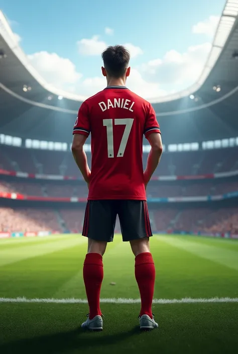 Creates the image of a player in a red shirt with his back to the stadium , on the shirt it says Daniel and the number 17 