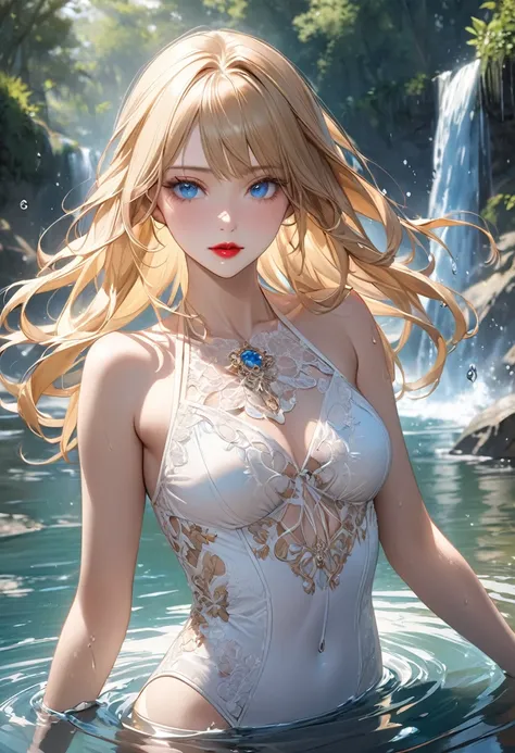 Full high resolution and detail. (Masterpiece), (hyperrealistic character) exuberant Ultra highly detailed, intricate motif, sunlight, A captivating light fantasy featuring a stylish young a beautiful female, she has golden hair, she has blue eyes, red lip...