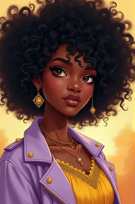 Hello, make a cute illustration of a beautiful black girl with curly hair and striking eyes, with lilac and yellow clothes, gold accents, representing serendipity