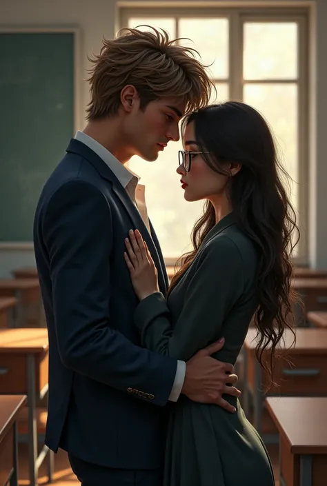 Tall boy, with coarse texture, strong, Brown blonde hair in a navy blue stylish school uniform is locked in a classroom with a girl, brunette skin tone, latina, Long hair, dark brown hair with glasses and they are secretly in love