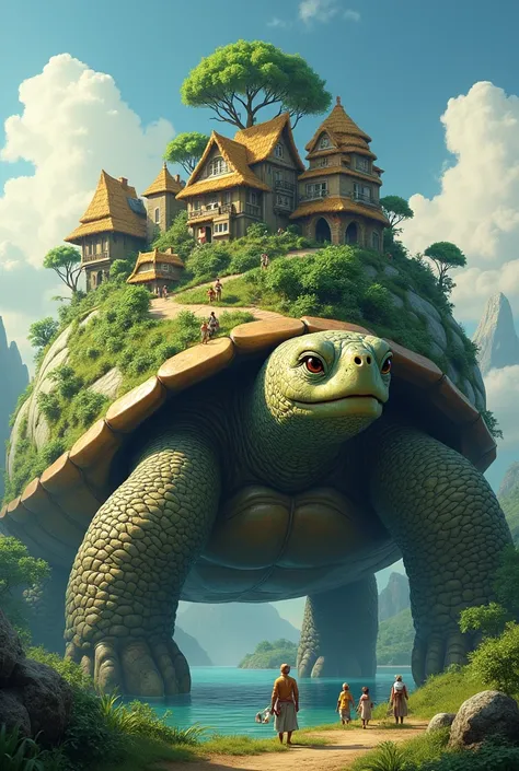 A big, very beautiful turtle, there is a village on the back