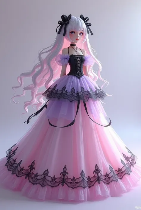 Vocaloid in the pastel gothic style as a figure that mixes elements of softness and darkness. She wears a long, flowing dress in shades of pale pink and lavender., with black details like lace and ribbons. The dress may have a fitted bodice and a full skir...