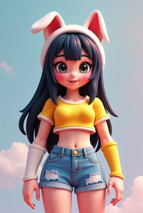 Create a female roblox character wearing denim shorts, a yellow cropped top,  arm warmers, long black hair with a white dog ear hat in the back and a kawaii face