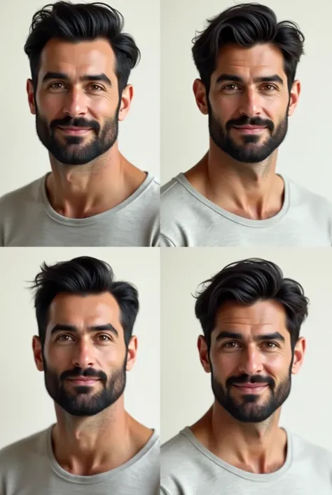 4 photos of a 5 man, offwhite, healthy, black hair and fair beard