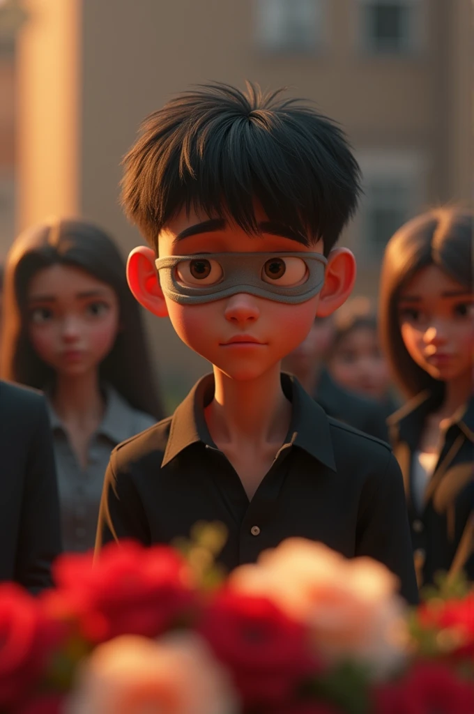 A blind young man attending a funeral, pixar style, cinematic, masterpiece, high-aesthetic 