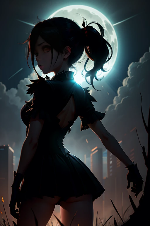 a scary monster silhouette emerges from the backlight、frightened girl