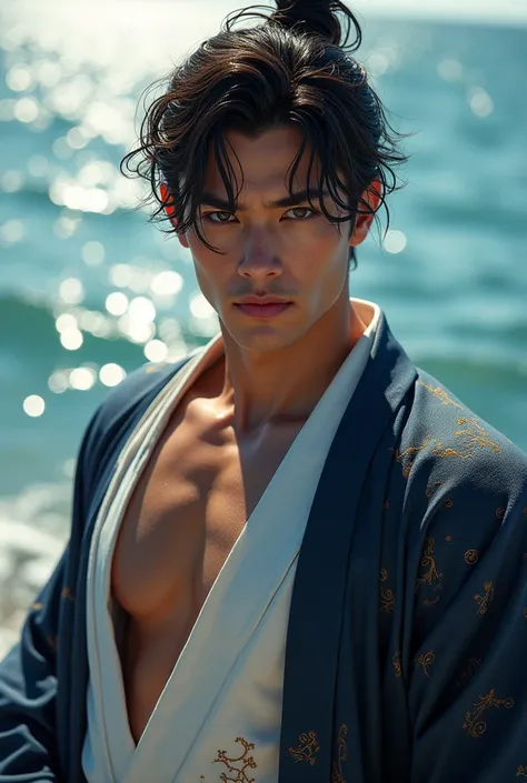  Super handsome, kimono, Sea, Above waist, A bit of his muscular chest is visible.