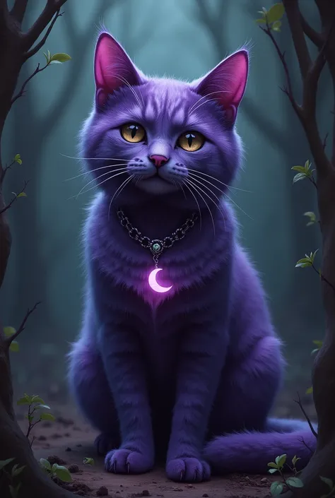 A dirty purple cat wearing a moon