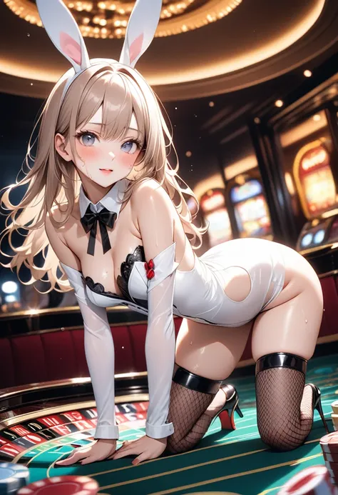 ((in heat)), (((Bunny girl costume, fishnet stockings, stiletto heels))), ((Shiny Costumes)), ((skindentation)), Sexy model woman, skinny, solo, 1 woman, Masterpiece, highest quality, highest quality, 16K, incredibly absurd, highly detailed, 2.5D, ai-gener...