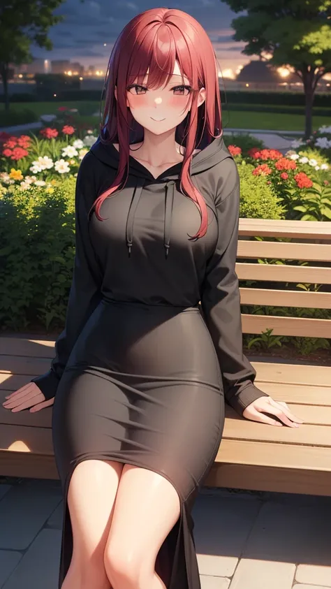 masterpiece, best quality, high detail, beautiful woman, blush, smile, solo focus, long wavy hair, dark red hair, ((gray hoodie)), ((long black maxi pencil skirt)), wide hips, lower body, garden, ((cloudy evening)), resting on bench, leaning to the side,