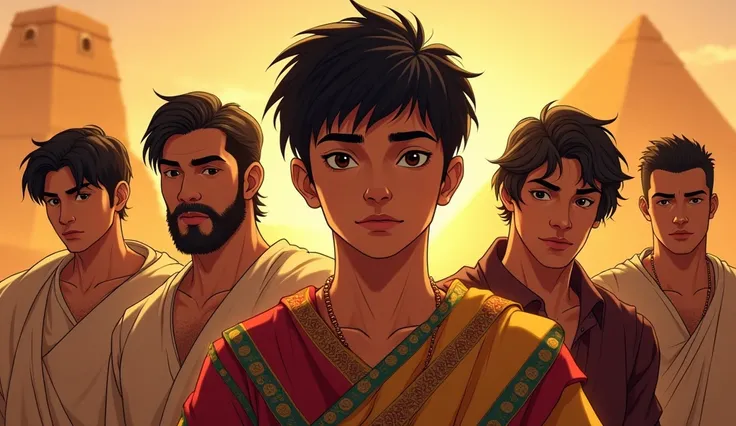 José, , with short black hair, brown eyes, wears a colorful tunic. In the background, his brothers, between 20 and 30 years old, with dark hair and simple clothes, show envy and conspiracy. Background: Egyptian desert with pyramid and silhouette of pharaoh...