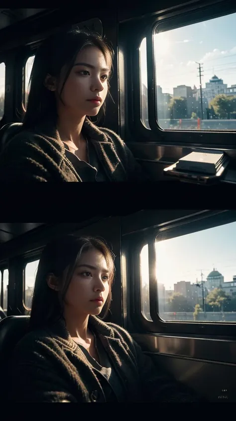 backlight((dramatic angle))((on the train))(upper shot),ultra detail (8k, raw photos, 最high quality, masterpiece: 1.45), (realis...