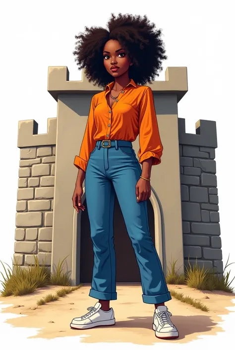 black female ,small fort,  curly hair with blue pants and orange blouse white sneakers, white background pixer
