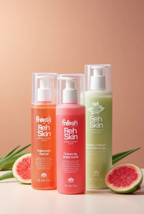  a line of three facial gel soaps from the Fresh Skin brand, each soap has extract, strawberry for dry skin, raspberry for oily and acne-prone skin and aloe vera for combination skin. With bioplastic packaging, a brazilian brand, the description must be in...