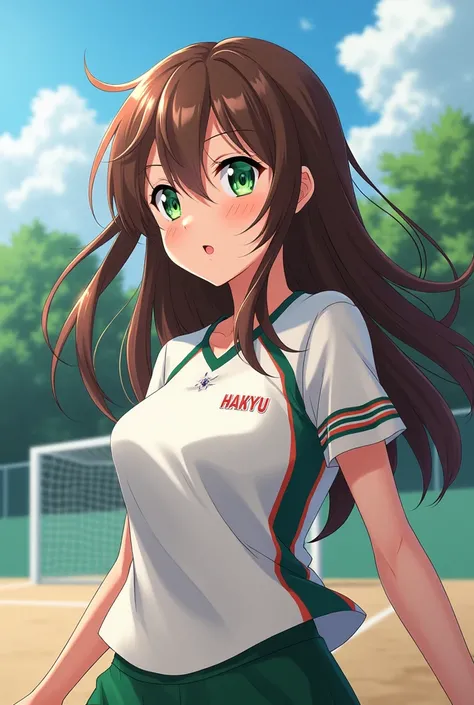 Girl with brown hair and green eyes, Haikyuu drawing style 