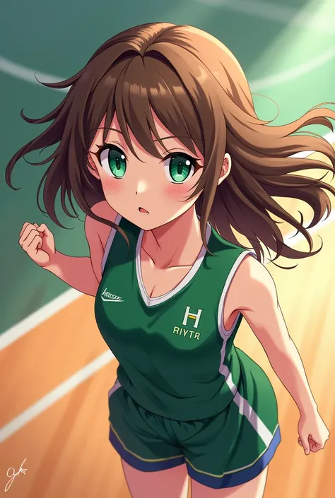 Girl with brown hair and green eyes, Haikyuu drawing style 