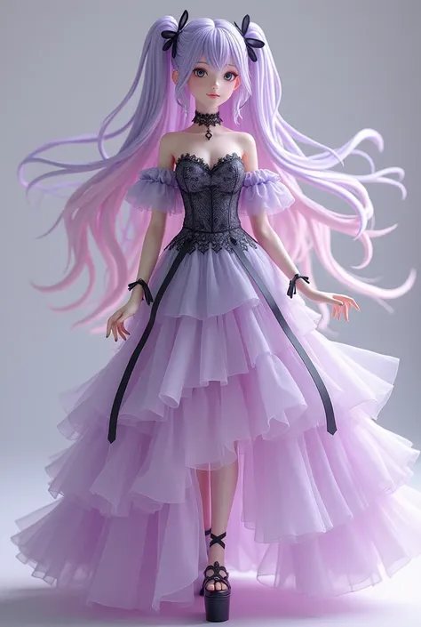 Vocaloid in the pastel gothic style as a figure that mixes elements of softness and darkness. She wears a long, flowing dress in shades of pale pink and lavender., with black details like lace and ribbons. The dress may have a fitted bodice and a full skir...