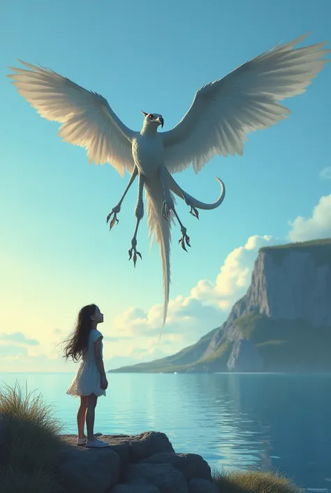 A clear, cloudless sky。The sea is calm。A dragon that looks like Falcon from The Neverending Story floating on the horizon。４The legs have wings。Just faintly visible。evening。The dragon&#39;s lair is on the cliff。Girl looking up from below
