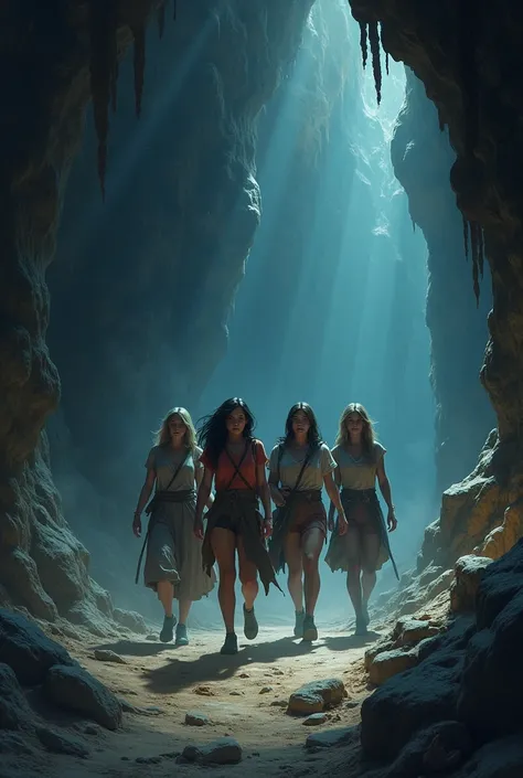 A group of 4 women entering a cave 