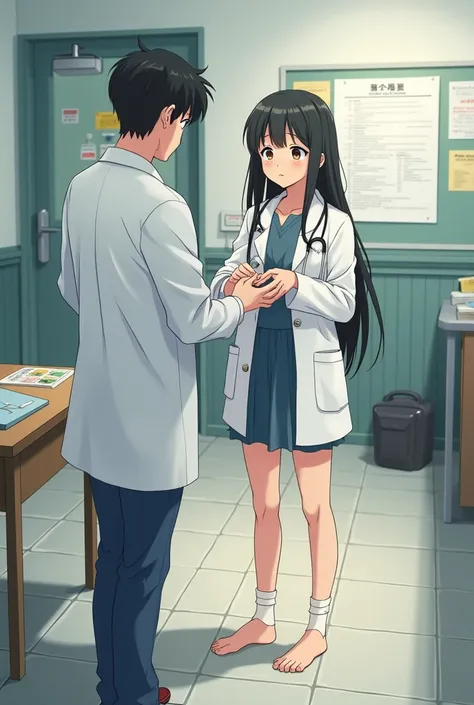 A teen girl is on a physical examination at school doctors room. Her shoes are removed. Standing on Tile floor. School doctor. Feet health check