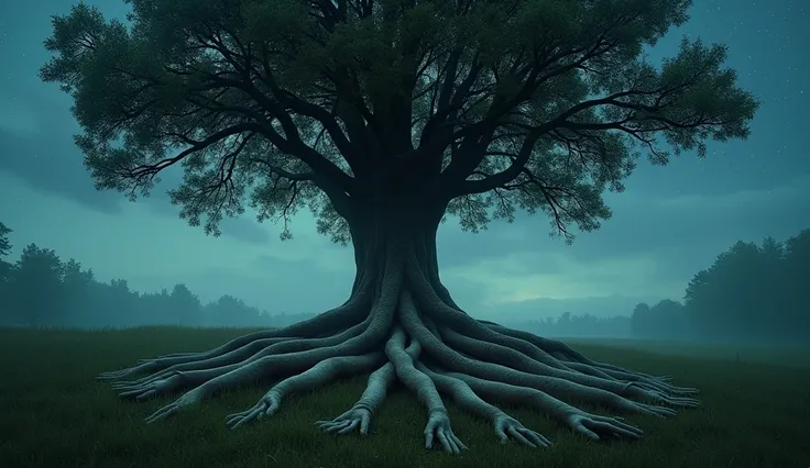 (Surrealist nature scene:1.3) photo of a giant tree with roots made of human hands, reaching out across a grassy field, (the hands gently grasping at the earth:1.4), wide framing, (background of a twilight sky with stars:1.3), soft ambient lighting, low-an...