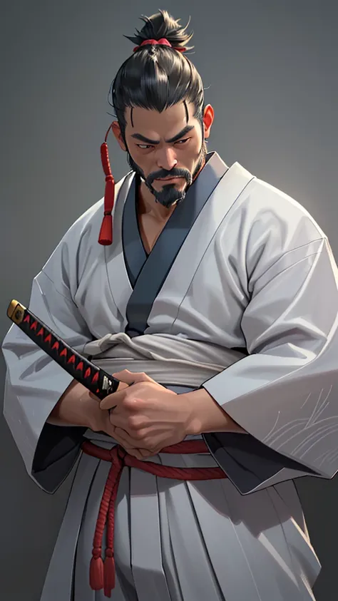 A powerful samurai warrior, Isami Kondo, traditional Japanese dojo, muscular build, sharp facial features, determined expression, topknot hairstyle, well-groomed beard, blue haori jacket, white kimono, hakama pants, katana sword, shoji screens, tatami mats...