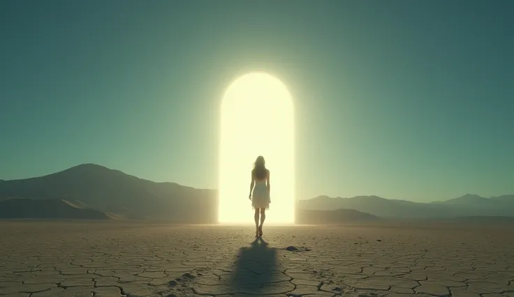 (Otherworldly dreamscape:1.4) photo of a woman walking through a glowing portal in the middle of a barren desert, (the portal emits radiant, ethereal light:1.5), full body framing, (background of cracked earth and distant mountains:1.3), harsh midday light...