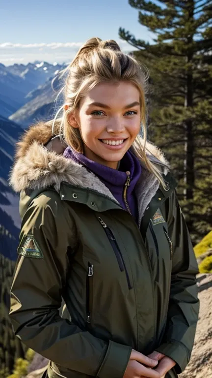 Stella Maxwell wearing mountain clothes and smiling