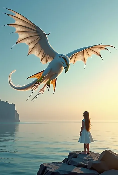 A clear, cloudless sky。The sea is calm。A dragon that looks like Falcon from The Neverending Story floating on the horizon。４The legs have wings。Just faintly visible。evening。The dragon&#39;s lair is on the cliff。Girl looking up from below
