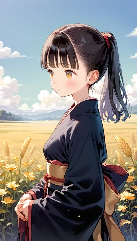 a girl in a kimono with an empty expression stands waist-deep in a wheat field, a black kimono with gold edges, her hair is tied...