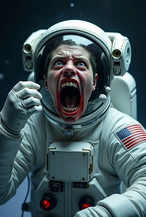 An astronaut floating in the vast, dark emptiness of space, holding their helmet in one hand. The astronaut’s face is exposed to the vacuum of space, showing the severe effects of rapid decompression. The skin is swollen and distorted, with blood vessels v...