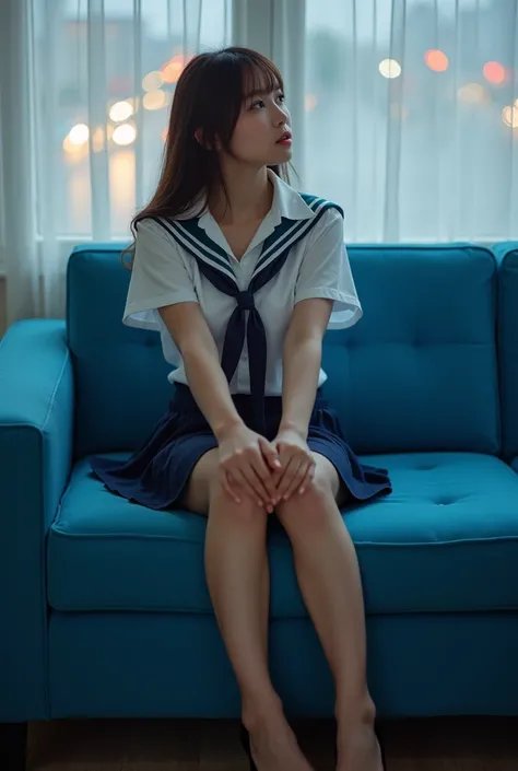 High-quality Realistic of thai woman, Beautiful girl (((large breast , big breast , nsfw))) , Best Quality, 1 thai girl in a school uniform sits on a bright blue sofa ,Hands and arms are placed on top of the sofa. She looked at me with a flirtatious and se...