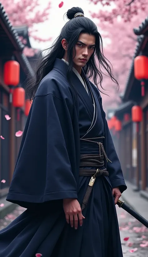 1man,japanese samurai warrior,toshizo hijikata,shinsengumi vice-commander,serious intense expression,long flowing jet black hair,dark blue black samurai outfit,haori with white mountain stripes,holding katana in battle pose,evening kyoto street scene,tradi...