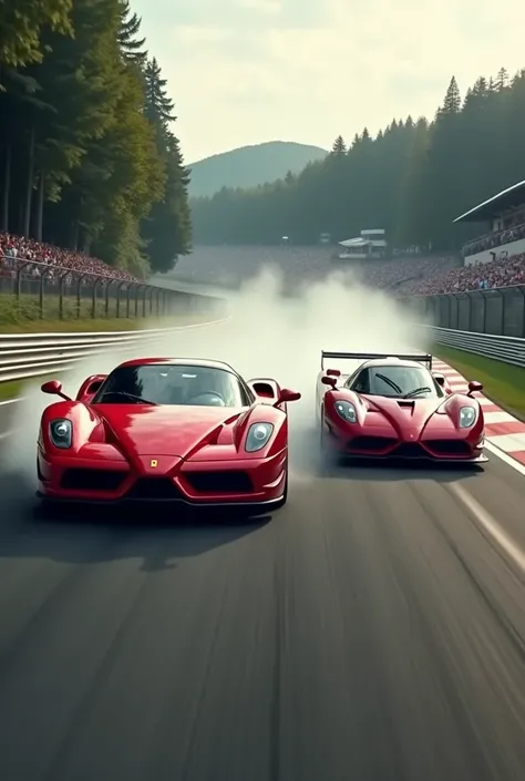 Generates an image where an F50 is competing with a Coniseg Agera on a track, that smoke can be seen behind them in high definition