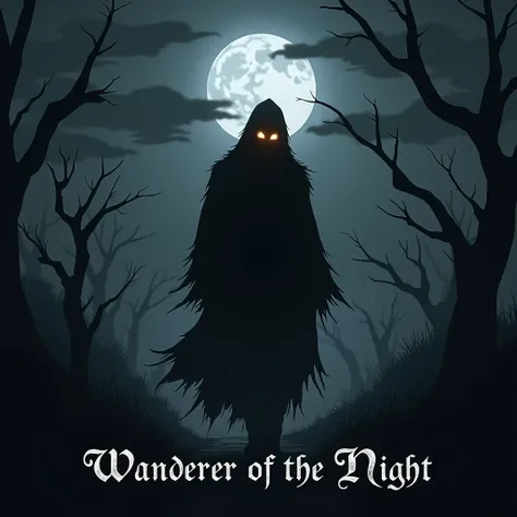 (Theme) A dark wanderer, wrapped in a tattered, shadowy cloak, walking down a deserted road at night. He should have a mysterious silhouette, with eyes glowing in a red or yellow hue, almost like embers. The background should be a dark nighttime landscape,...