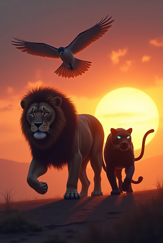 A falcon, a lion and a black jaguar with light blue eyes walk on the horizon as the sun sets 