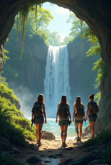 A group of 4 women entering a cave near a waterfall