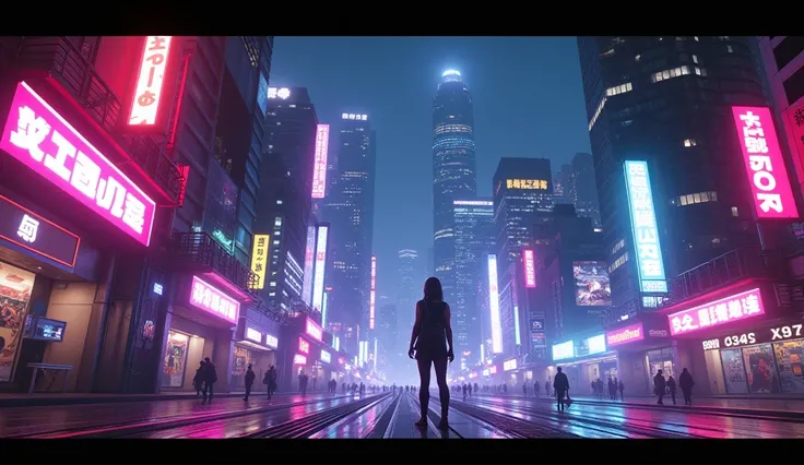 "A vibrant, futuristic cyberpunk scene with an urban and technological atmosphere. In the background, towering skyscrapers are illuminated by neon lights, and the streets are filled with glowing signs and holograms. The image, with a 16:9 aspect ratio, sho...