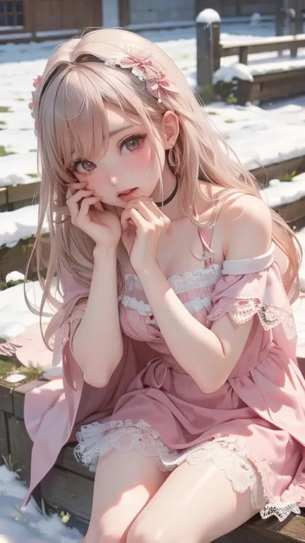 （8K，RAW photos， Best quality， masterpiece：1.2），（Realistically， Photo-realistic：1.4)，Hide your face with sadness，
Lolita clothing，Lace， Alice Gainsborough， Upper part of the body，thigh，Lace， underwear，Expose bare shoulders， external， (external，Snow Covered，...