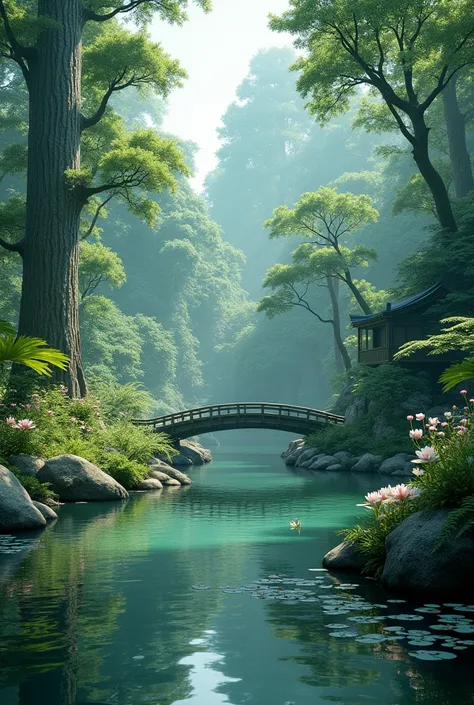 Landscape in the middle of the forest, with a lagoon, Japanese style 