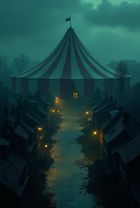 Beautiful, empty, a town with old houses and a large circus tent in the center, at night, without people, view from above