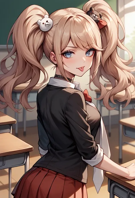 score_9, score_8_up, score_7_up, break, score_9, enoshima junko, tongue out, breasts, twintails, bear hair ornament, school unif...