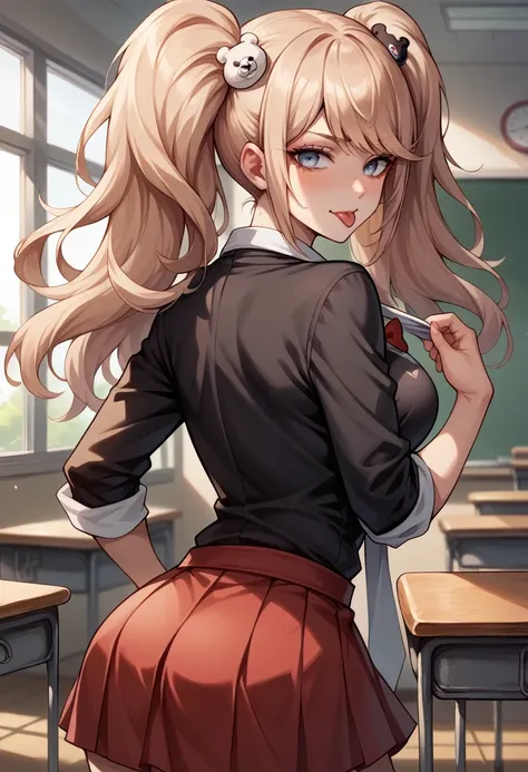 score_9, score_8_up, score_7_up, break, score_9, enoshima junko, tongue out, breasts, twintails, bear hair ornament, school unif...